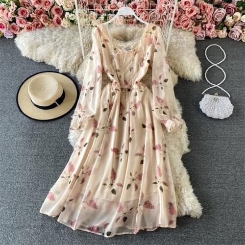 2021 New French Style Lace Elegant Dress Women Long Sleeve Floral Chiffon Dress Spring Summer Sweet Midi-calf Robe femme