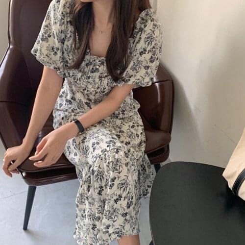 2021 New Women Vintage Chiffon Long Floral Trumpet Dress Puff Sleeve Pearl Buttons Ruffle Maxi Sundress