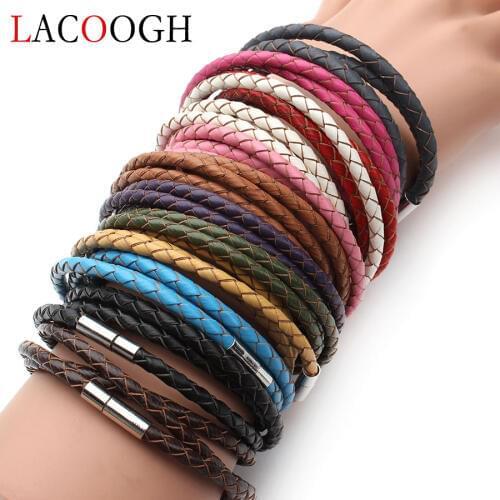 100% Genuine Braided Leather Bracelet Men Women 3 Wrap 4mm Leather Magnetic Clasps Charms Bracelets Pulseras Male Female Jewelry