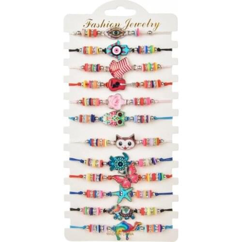 12pcs/set Cute Owl Turtle Animal Star Crystal Child Kids Bracelets Women Enamel Evil Eye Adjustable Weave Rope Bracelet Jewelry