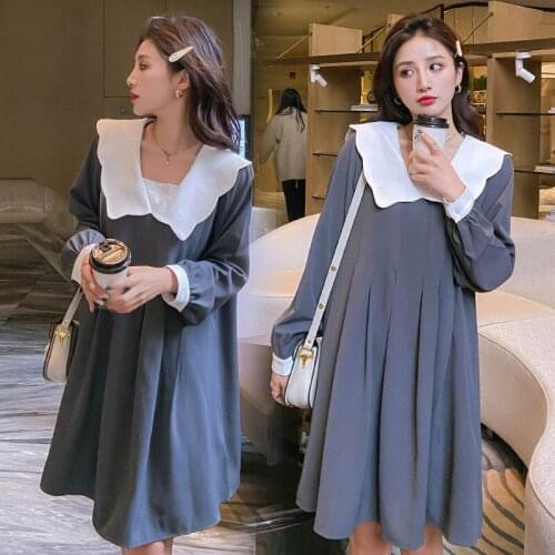 2021 Spring Korean Fashion Maternity Dress Sweet Lace O Neck Pleated Loose Clothes for Pregnant Women Pregnancy Factory