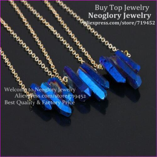5PCS Raw Blue Flame Rainbow Titanium Aura Cryatal Quartz Spike Necklace Rough Druzy Point Arrow Boho Gems with Gold Brass Chain