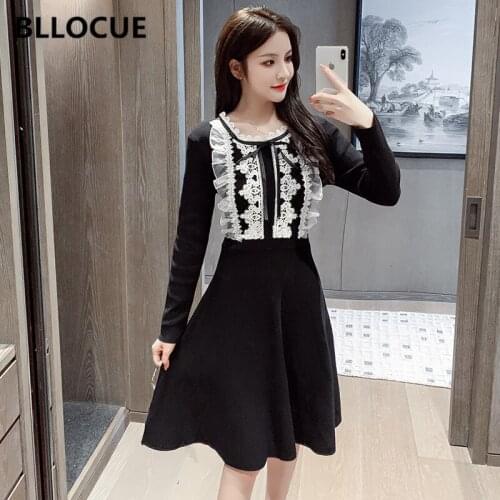 BLLOCUE Vintage Elegant Lace Patchwork Knitted Sweater Dress New Autumn Winter Women Fashion O-Neck Full Sleeve Party Dress