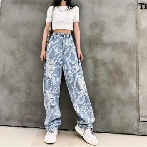 High Waist Ripped Jeans for Women Chain Patter Loose Denim Trousers Harajuku Straight Jeans Y2k Pants Hollow Out Mom Jeans
