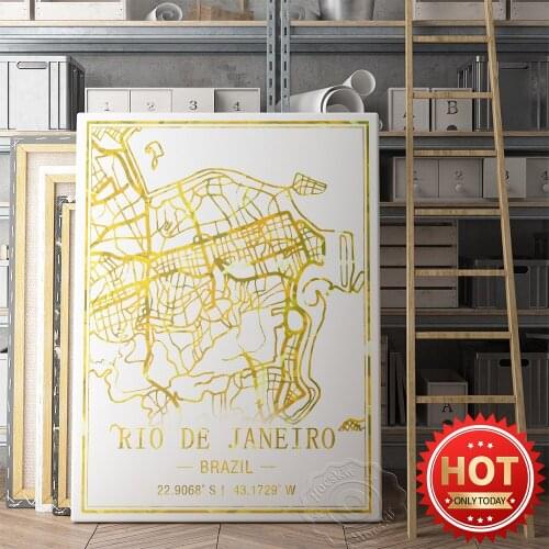 Rio De Janeiro Brazil City Map Poster,Originality Brackground Wall Decor Priints, World Tavel City Gold Line Map Wall Picture
