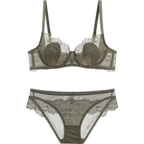 Lace Ultra Thin Transparent Bra Plus Size Bra Set with Thin Lined Sexy Panty Set Underwear Women Summer Lingerie A B C D E Cup