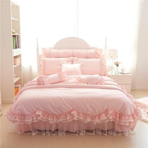 High-end Korean Pink Lace Princess Wedding Bedding Sets 100% Cotton Ruffles Duvet Cover Bed Skirt Bedspread Linen Pillowcases