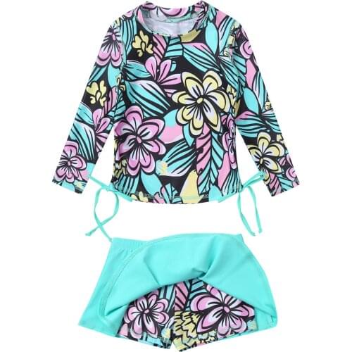 2021 Kids Girls Two Pieces Bathing Suit Summer Long Sleeve Flower Printed Tops with Skirt Sumsuit Children Holiday Beach Wear