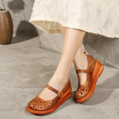 Handmade Leather Platform Shoes Women Fashion Mary Jany Hollow Sandal Coffee/Brown
