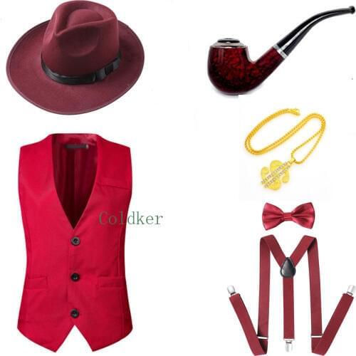 Cosplay Costumes 1920s Accessories for Men Gangster Vest Fedora Hat Pre Tied Bowtie Gentleman Pipe