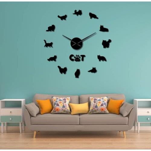 Decorative Norweigian Forest Cat Breed Big Time Clock Mirror Surface Unique Kitten Animals Hospital Wall Art DIY Mute Wall Clock