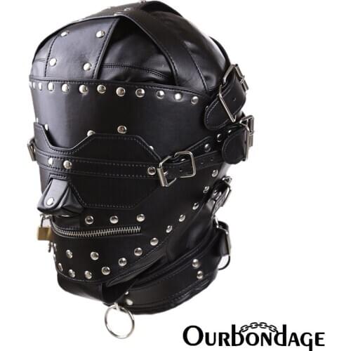 Ourbondage PU Leather Frankenstein Costume Head Restraints Harness Fully Hood Bondage Strap with Zipper Mouth BDSM Men Sex Toys