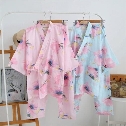 100% Cotton Double Yarn Kimono Pajamas Flower Printing V-Neck Loungewear Women Pijama Spring Thin Sleepwear Sexy Home Clothes