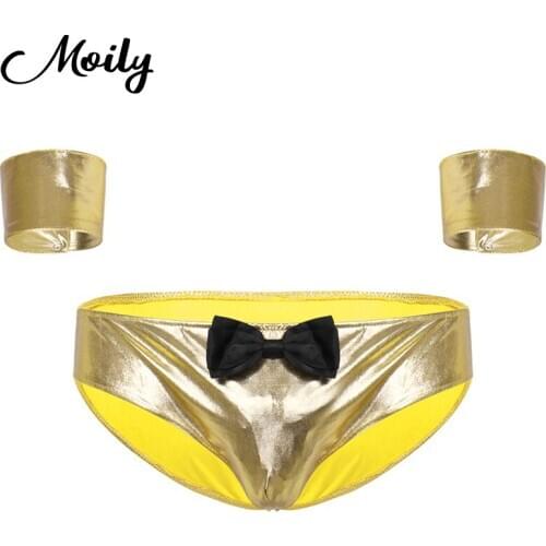 Sexy Lingerie Mens Shiny Metallic Briefs Panties Sexy Evening Party Clubwear Low Rise Bulge Pouch Briefs Underwear with Cuffs