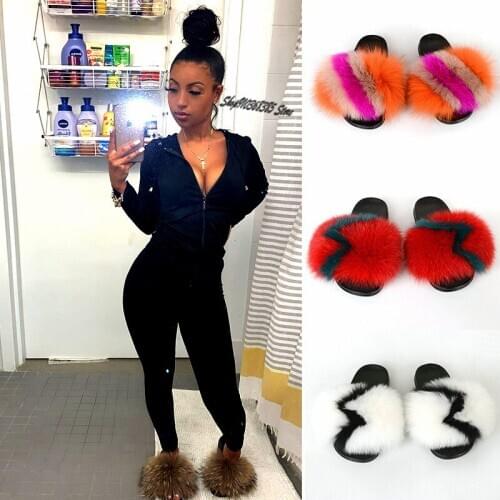 Summer Luxury Furry Shoes Womens Fluffy Fox Fur Slippers Ladies Colorful Slides Female Plush Sandals Big Size Flat Flip Flops
