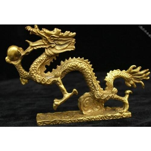 6.4" Old Chinese Yellow Bronze Feng Shui Zodiac signs Dragon Lucky Statue