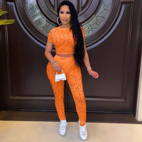 Streetwear Slim Fit Two Piece Matching Set Women Hollow Out Short Sleeve Crop Top T-shirt and Pencil Legging Female Tracksuits