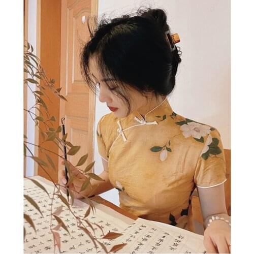 Yellow Republic of China Style Old Shanghai Cheongsam Elegant Retro Elegant Young Autumn Improved Daily Womens High-End Dress