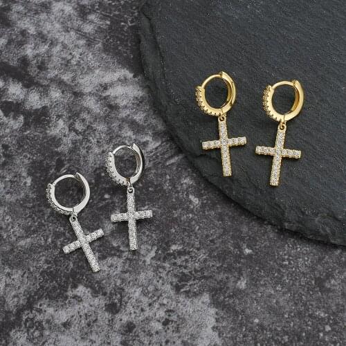A Girl' New 2021 Hip Hop Copper Cross Earrings for Men Women Rock Fashion Jewelry CZ Zircon Stud Earrings Unisex Punk Style