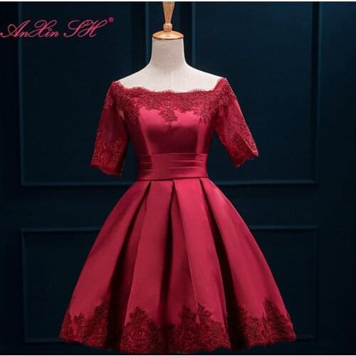 AXJFU wine red lace Evening Dresses princess vintage green short champagne boat neck flower evening dress little white dress