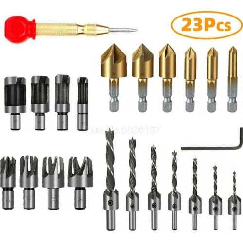 23Pcs Woodworking Chamfer Drilling Tools Drill Bits Set Wood Plug Cutter Three Pointed Countersink L-wrench Tool Bit Step Cone