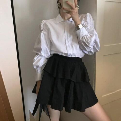 QWEEK Women White Blouse Puff Sleeve Top Button Up Shirt Office Ladies Korean Style Spring Summer 2021 Fashion Designer Vintage