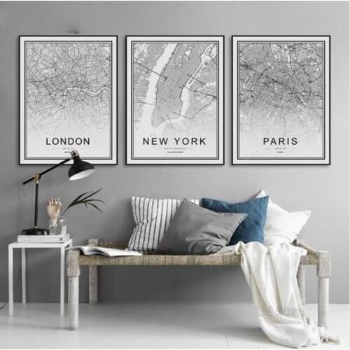 World City Map Paris London New York Poster Nordic Style Black and White Living Room Wall Art Picture Home Decor Canvas Painting