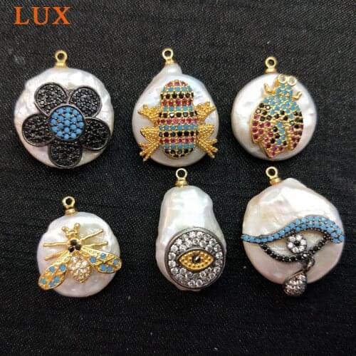 LUX Natural White Pearl Charm micro Pave CZ insect flower eye shape Pearls Pendant Gems stone Boho Jewelry DIY Making