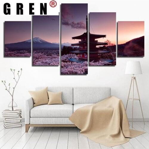 GREN Modular Wall Art Canvas Painting Print 5 Pieces Chureito Pagoda And Mount Fuji Poster Picture Decor Living Room Art UnFrame