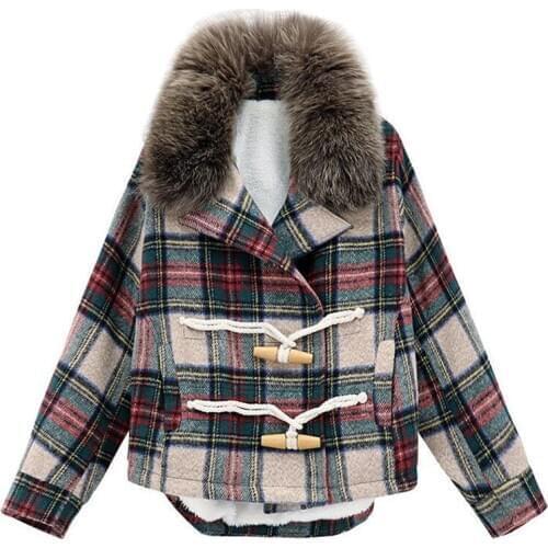 New Autumn And Winter Ladies Plush Plaid Woolen Coat