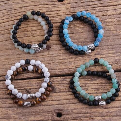 RH Fashion Bohemian Jewelry Accessory Buddha Head Beaded Bracelet 2pc Stack Stone Bracelets Sets by Women Boho Gift