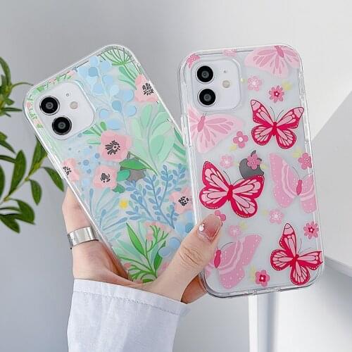Cute Butterfly Flower Transparent Phone Case For iPhone 12 Mini 11 Pro Max XR XS 7 8 Plus SE 2020 Soft 2 in 1 Back Cover Coque