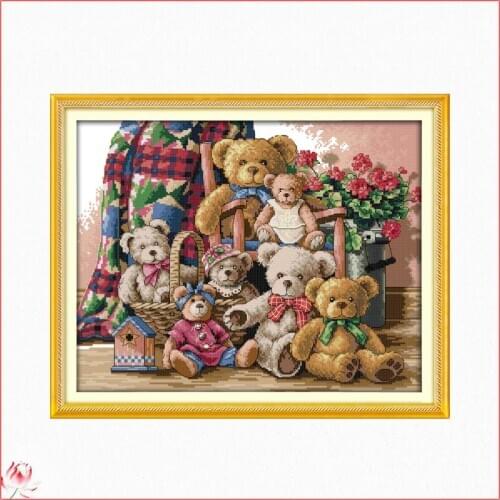 Little Bear Family Rag Dolls Cross Stitch C597 14CT 11CT Counted And Stamped Cartoon Wholesale Joy Sunday Cross Stitch Kits