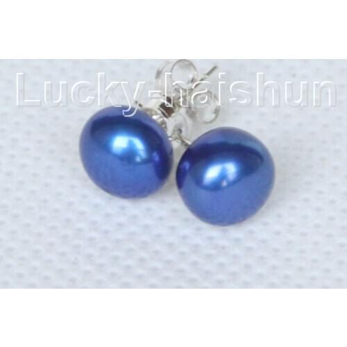 Genuine Stud 8mm navy blue freshwater pearls Earrings