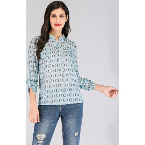 Chiffon Womens Shirts Summer Spring Casual V Neck Loose Blouse Ladies Tops Camisa Feminina Long Sleeve Print Blouses Shirt