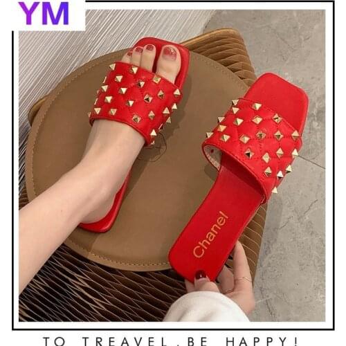 New Lady Rivet Slippers Women Fashion Square Toe Rhombic Slides Womens Shoes Female Sewing Flats Summer Outdoor Footwear Big 42