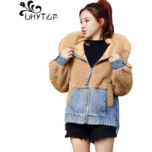 UHYTGF Lambswool Autumn Winter Denim Jacket Women Fashion Fur Collar Hooded Thick Warm Jeans Coat Student Plus Size Outwear 1140
