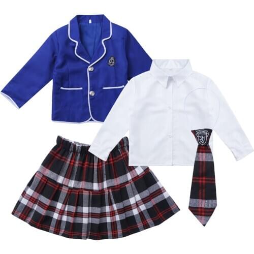 Japanese Korean Plaid Skirts Kids Girl School Uniform High School Cosplay Costumes Student Skirt+White Shirt+Suit Coat+Tie Set