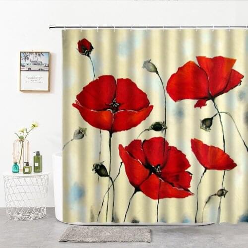 Red Flowers Shower Curtain Painted Illustration Style Living Room Bedroom Wall Hanging Cloth Bath Supply Bathroom Decor Curtains