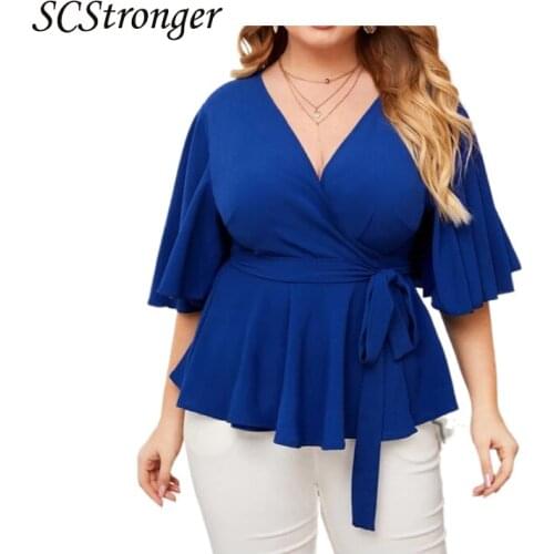 SCSTRONGER Summer Plus Size Womens T Shirt Solid Color V Neck Fashion Commuter Series Belt Top Blusas Feminina Verao 2021