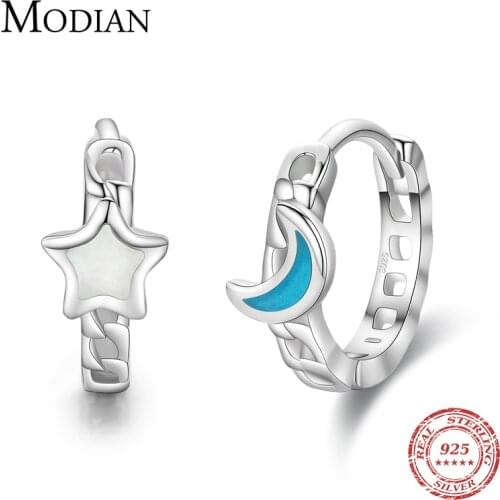 Modian 100% 925 Sterling Silver Stars And Moon Romantic Hoop Earrings Trendy Enamel Fine Jewelry For Women Female Accessories