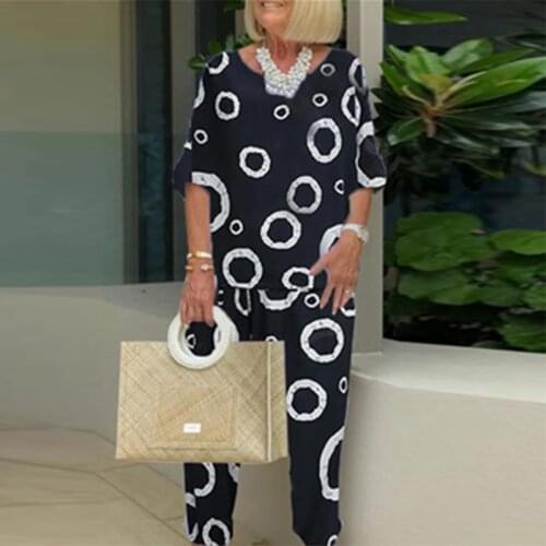 Retro Circle Printed Women Two Piece Outfits 2021 Spring O Neck Shirt Pullover and Elastic Waist Pants Set New Autumn Loose Suit