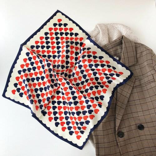 100% Silk Small Scarf Women Vintage Heart Print Karchief Neck Hair Bandana Headband Stylish Turban Tied 53x53cm / 20.8 inches