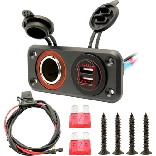 12V Marine USB Outlet Socket Panel, Cigarette Lighter Socket, Dual USB Ports Waterproof Charger Panel for Car Marine Motorcycle