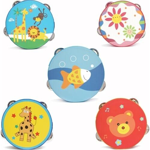 15cm Cartoon Wooden Drum Handheld Tambourine Freestyle Hand Bell Musical Percussion Instrument for family Party child Tambourine