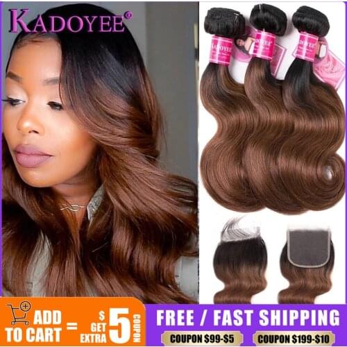 Ombre Brown Body Wave Human Hair Bundles With Closure Brown Brazilian Hair Weave 3 Bundles and 4x4 Closure Remy Hair Extensions