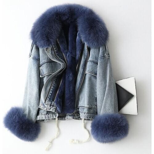 2020 Parka Real Fur Coat Female Rabbit Fur Liner Denim Jacket Winter Coat Women Fox Fur Collar Warm Korean Jackets MY