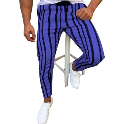 2021 Pant Chic Men Vertical Stripes Print Drawstring Skinny Pencil Pants Sports Trousers Casual Streetwear Trouser Sweatpants