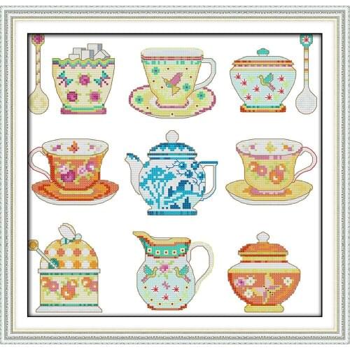 Tea set (2) cross stitch kit cup cartoon kitchen Pattern printed on canvas DMC embroidery handmade needlework craft supplies