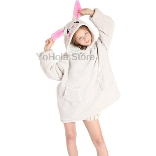 Kids Cute Hooded Thick Pocket Sofa Cozy Coral Girls Rabbit Hoodies Sweatshirt Children Warm Lazy TV Blanket Oversized Clothes